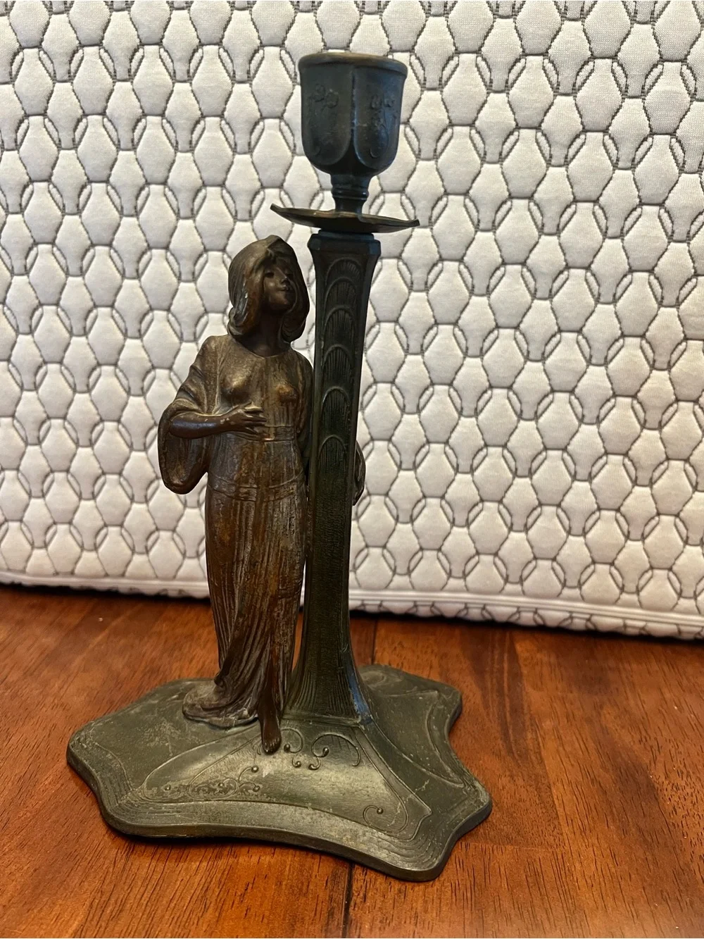 Art Nouveau, Spelter/Bronze-Tone  Female Figurine Candle Holder - Elegant Accent